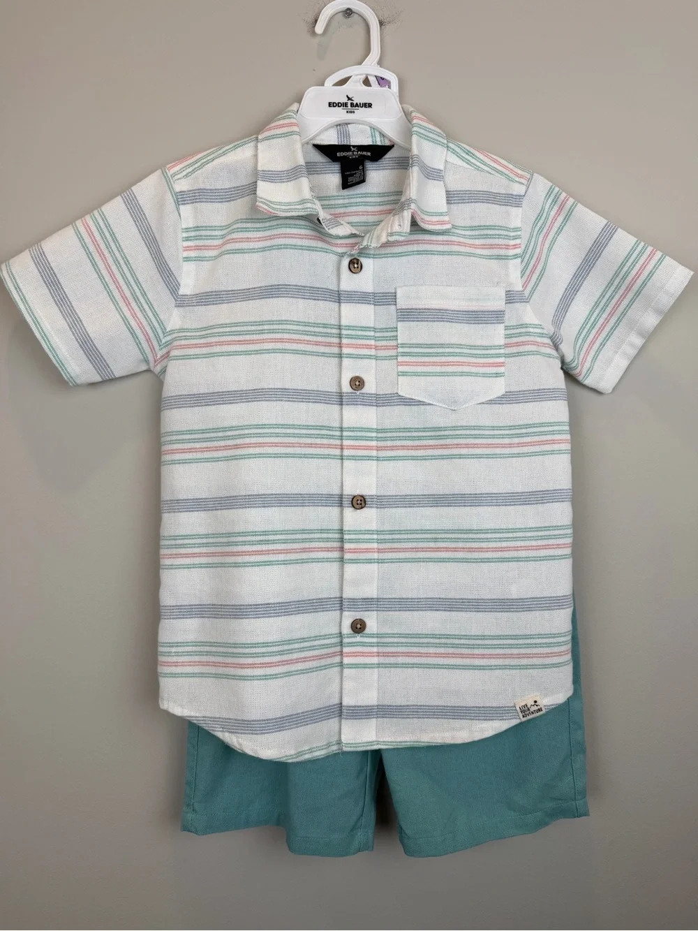 Eddie Bauer Boys 2 Pc Outfit Set Size 6 Striped Button Down Teal Shorts
